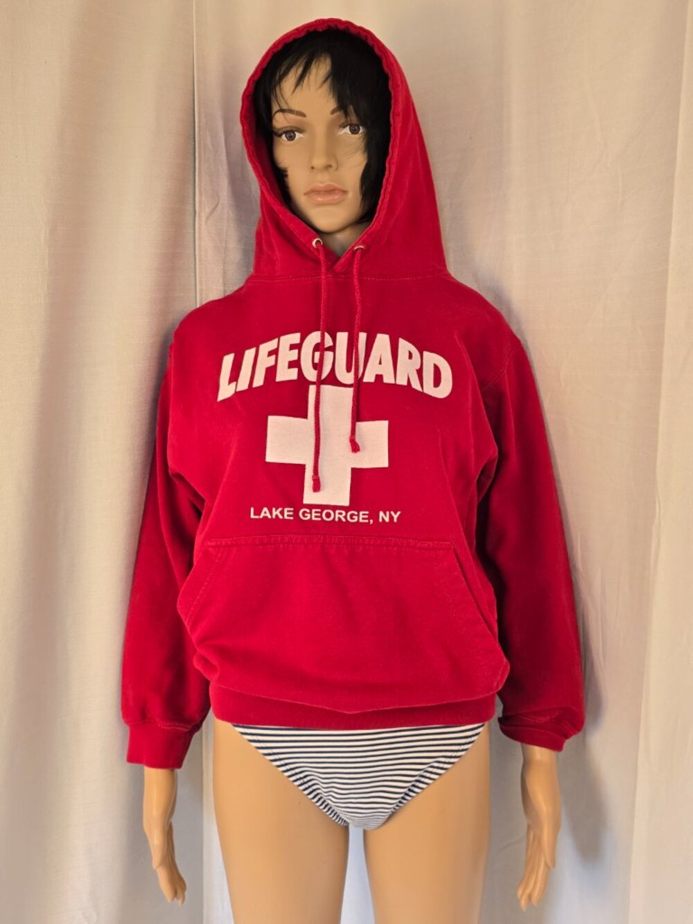 Red and White Long Sleeve Lifeguard Hoodie Sweatshirt Pullover Size Small
